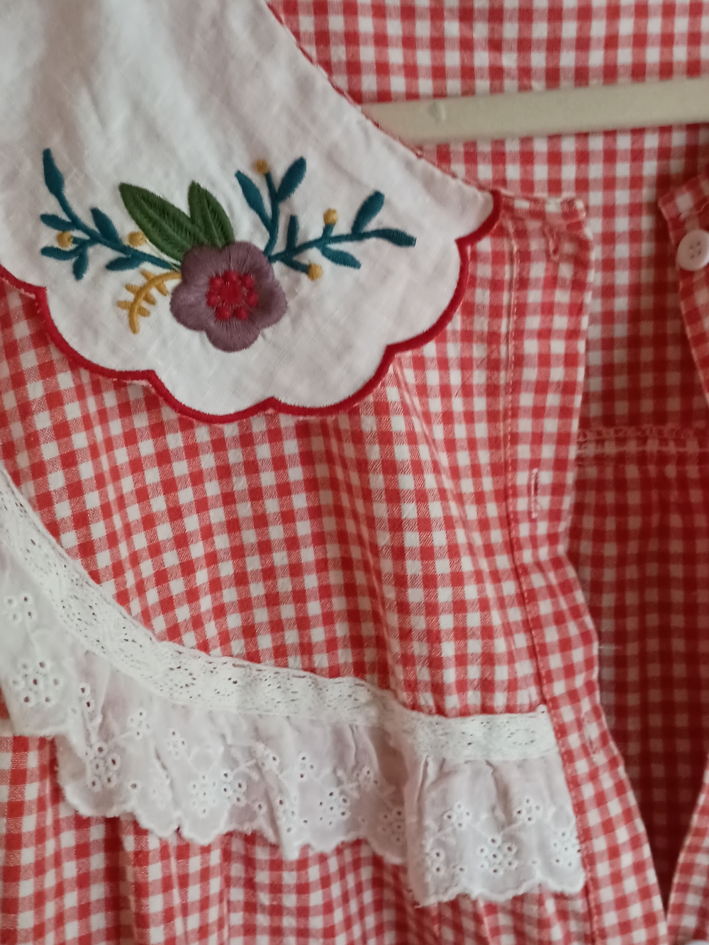 Women's Red Gingham Button-Up Top with Embroidered Collar
